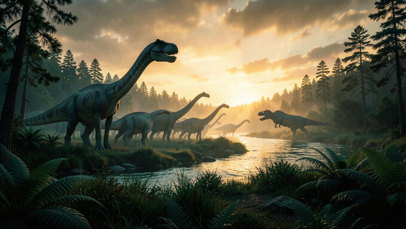 KI-Bild: eine Landschaft der späten Kreidezeit in der Dämmerung mit Dinosauriern an einem Fluss