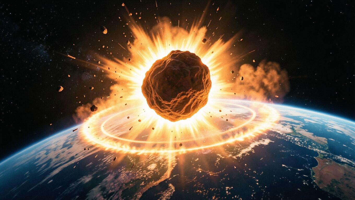 KI-Bild: ein brennender Asteroid, der auf die Erde trifft, aus dem Weltraum gesehen