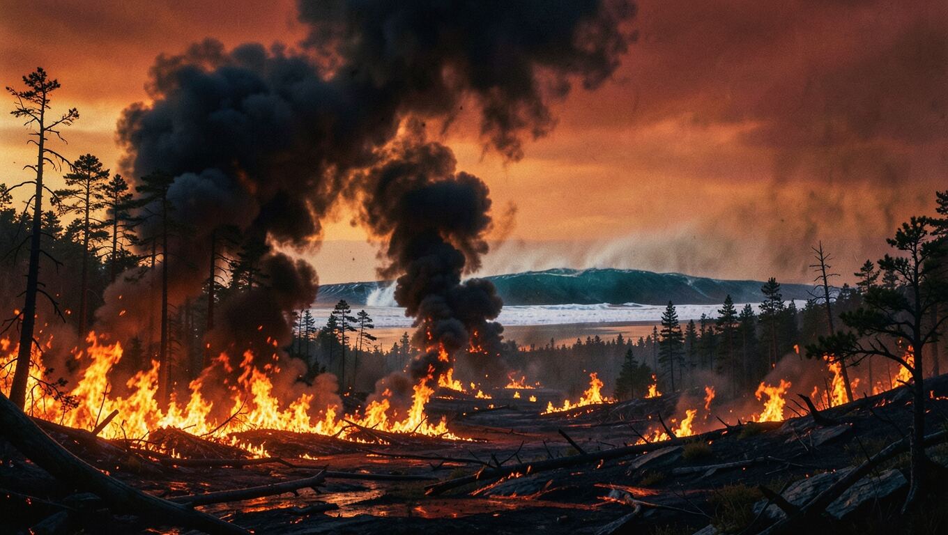 KI-Bild: eine prähistorische Landschaft, die in Waldbränden und Asche versinkt