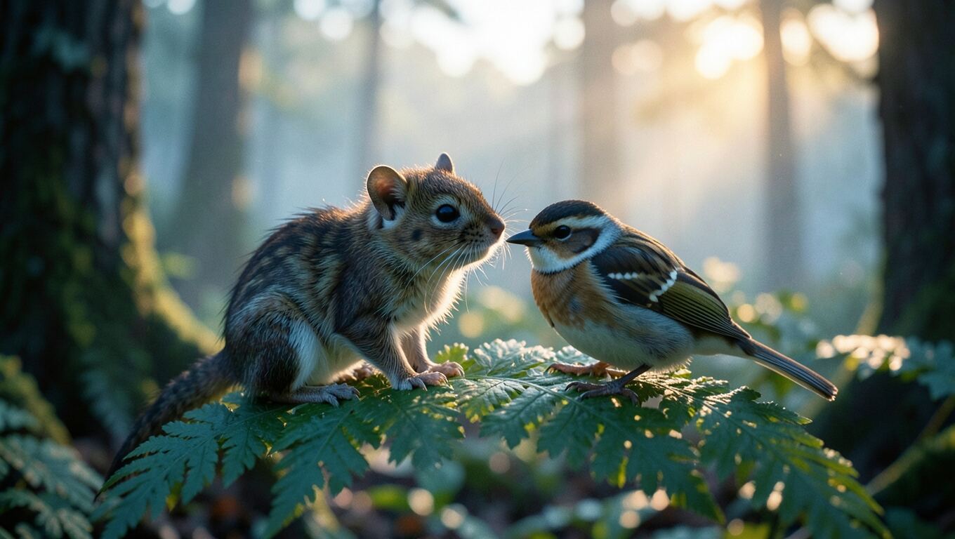 KI-Bild: ein kleines Säugetier und ein Vogel auf einem Farn im Morgengrauen