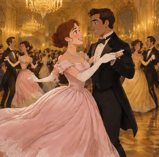 Pannello 4: Mathilde che volteggia al ballo con un abito rosa