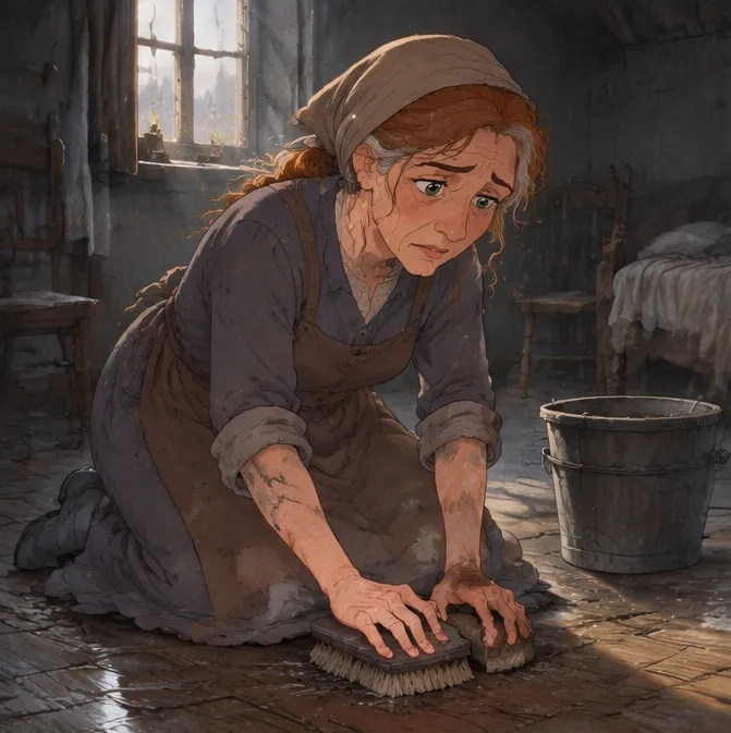 Pannello 7: Mathilde, dieci anni più tardi, che strofina un pavimento con un vestito rattoppato